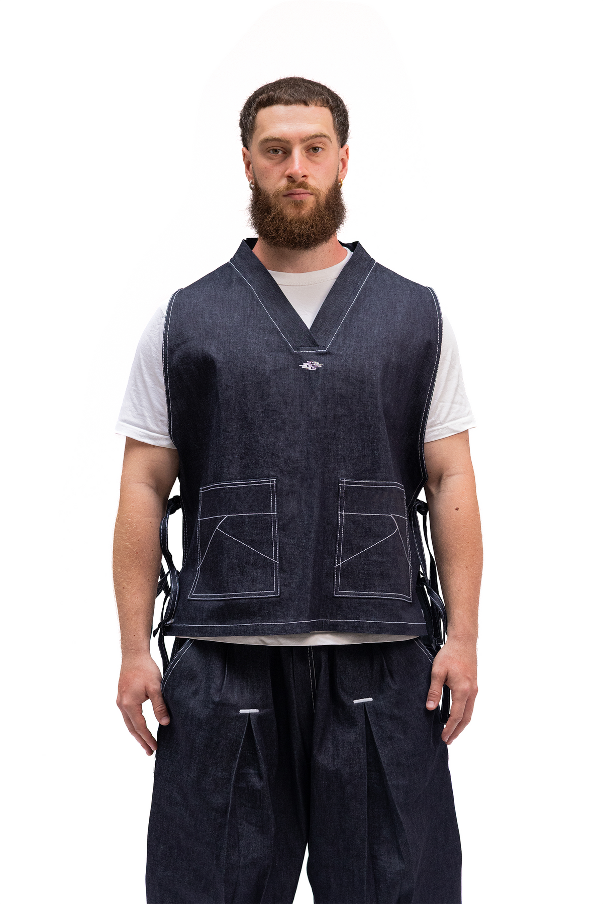 Denim apron with tie straps